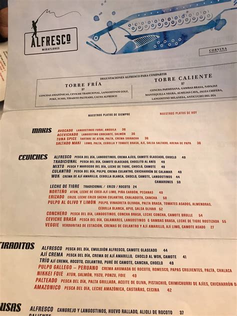 Menu at ALFRESCO restaurant, Miraflores, Av. 28 de Julio 331