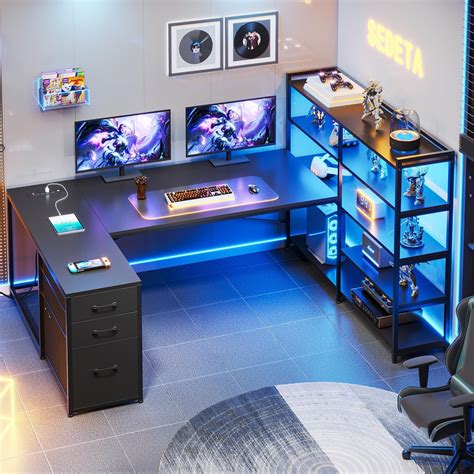 Amazon.com: SEDETA L Shaped Gaming Desk with LED Lights, Pegboard and ...