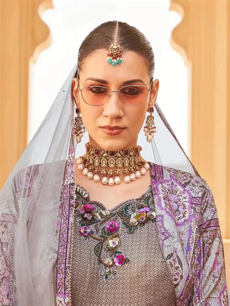 Grey Foil Print silk jacket style Gown Suit With Net Dupatta for ...