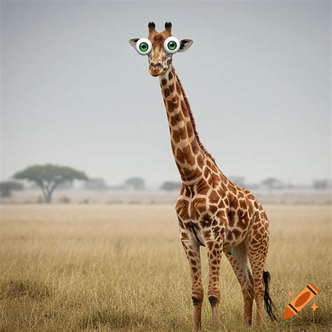 A photorealistic giraffe stands in a savanna looking forward with huge ...