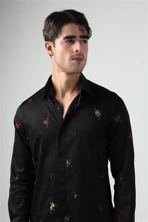 ENRICO BLACK COLORFUL SPLITTER SPLATTER HAND EMBROIDERED SHIRT – Fllae