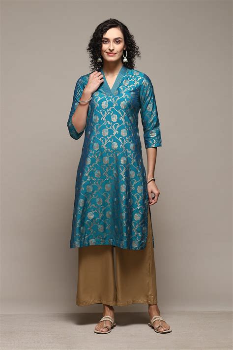 Teal Poly Viscose Straight Printed Kurta at Biba India