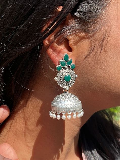 Oxidized Jhumka Earring in Black Polish with Stones – Prettiq