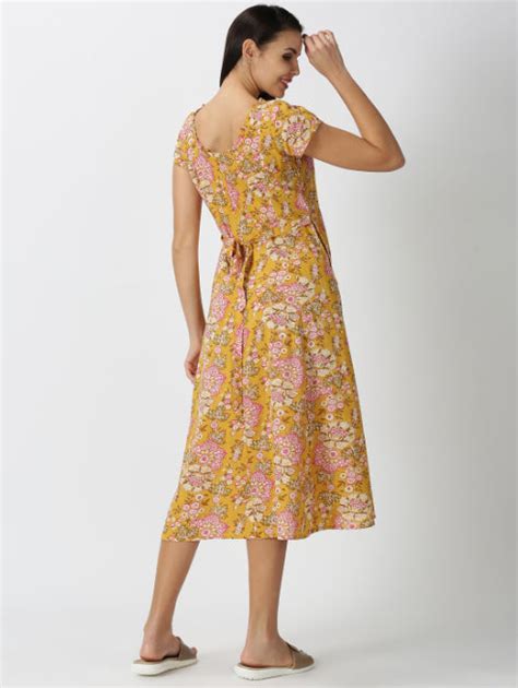 Yellow Floral Printed Midi Dress with Waist Tie-up – Saffron Threads