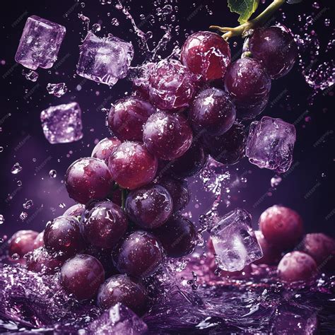 Kyoho grape slices and ice cubes crashing together on a deep purple ...