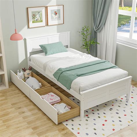Amazon.com: Giantex Wood Twin Bed with 2 Storage Drawers, Solid Wood ...