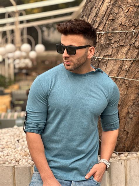 Gritstones Blue Side Button Self Design T-Shirt