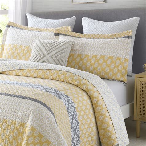 PANGUSHAN 100% Cotton Quilt, Yellow/Gray, 3-Piece Floral Queen Bedding ...