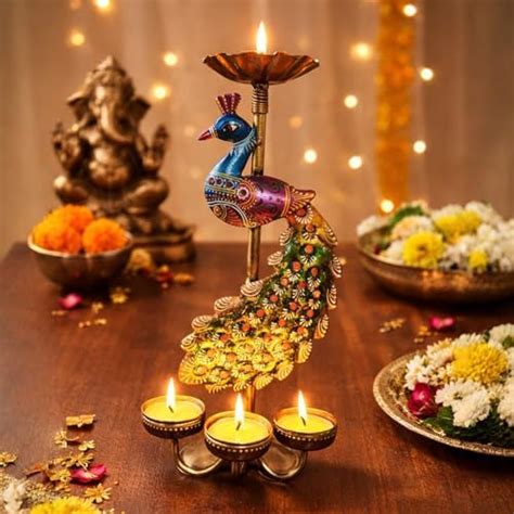 Buy KREATIVE House Elegant Metal Peacock Candle Holder Handpainted ...