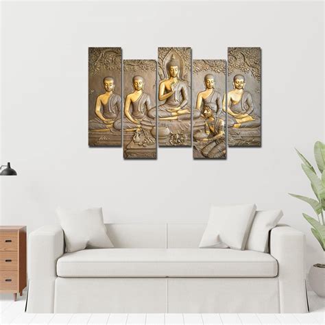 A Beautiful 5 Pieces Wall Painting of Lord Buddha in Temple – Vibecrafts