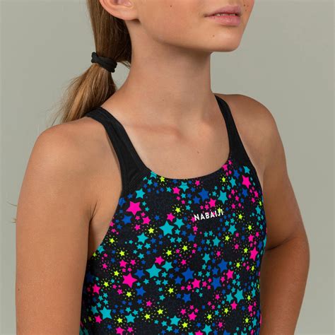 Girls’ swimming 1-piece swimsuit - 500 Kamyleon sky black green - Decathlon