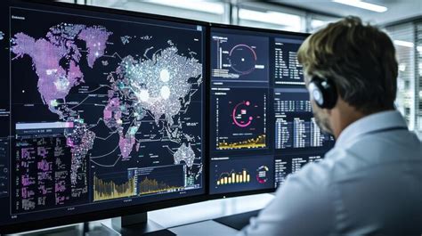 Cybersecurity analyst monitoring global network data on multiple ...