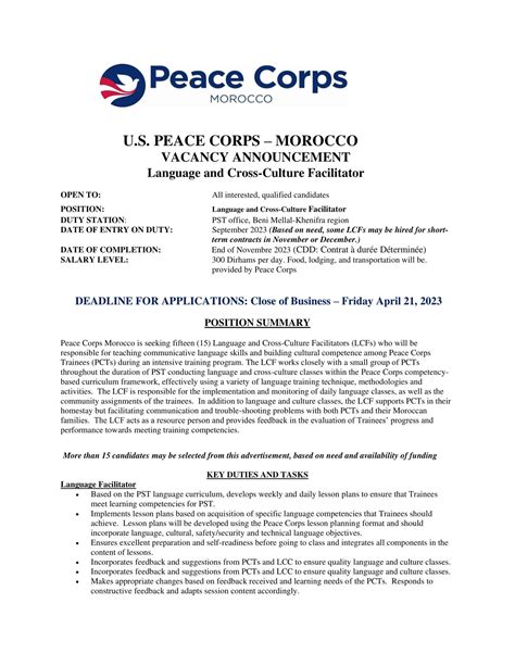 Peace Corps recrute 15 Animateurs Langue et Culture Salaire 300 Dhs/Jour - alwadifa