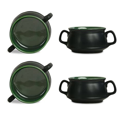 Caffeine Ceramic Handmade Black & Green Double Handle Soup Bowl with ...