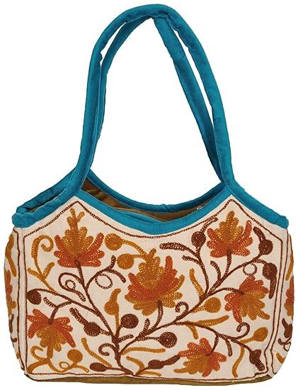 Exotic India Ivory Shopper Bag from Kashmir with Ari Embroidered Flo ...