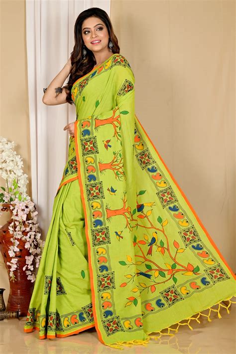 Green Pure Cotton Asu Hand Loom Saree (1641) | PuJoy Fashion