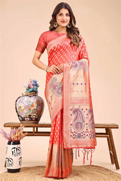 Peach Zari Butti Weaving Linen Cotton Saree