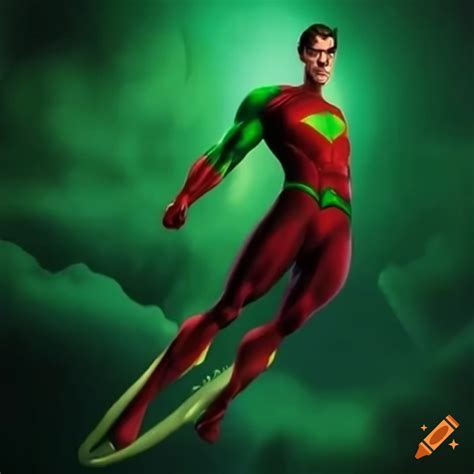 Superhero in green costume exhibiting super strength, speed, and sense ...