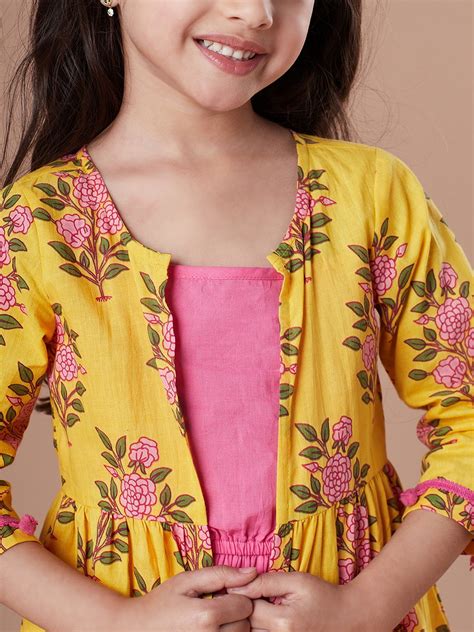 Shop Girls Print Fit & Flare Dress With Shrug (IW-YELLOWBOOTACAPE) Online