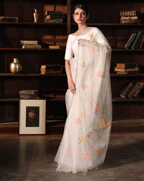 White Pure Organza Silk Jamdani Handloom Saree – Yarn Story
