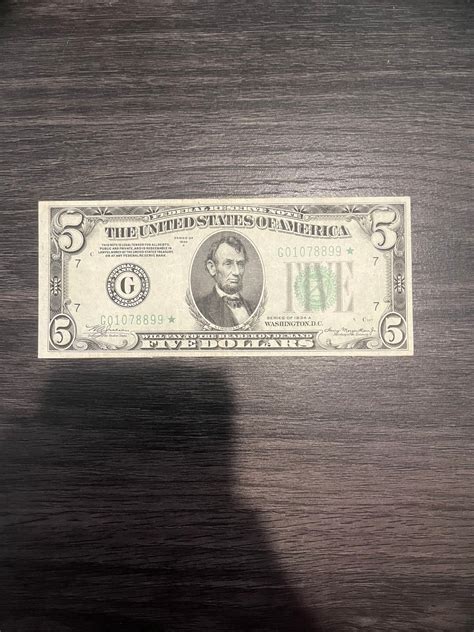 1934 Five Dollar Green Seal, Star Note US Paper, Money, Federal Reserve ...