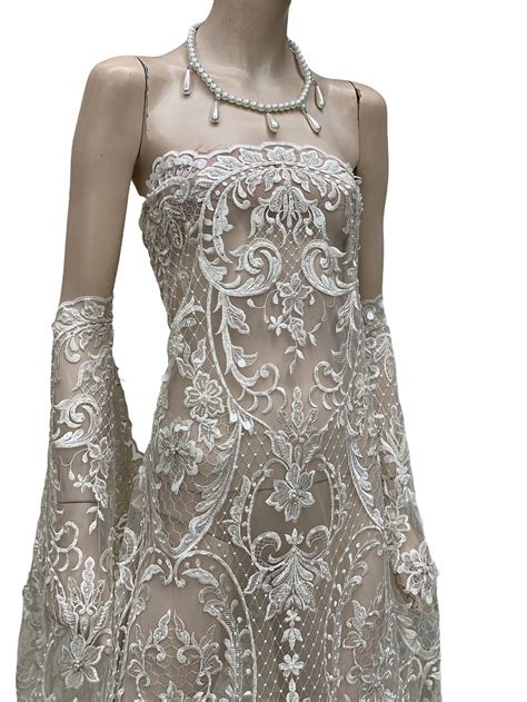 Off White Beaded Wedding Lace Floral Flowers Double Scallops Mesh Fabric Sold by the Yard Bridal ...