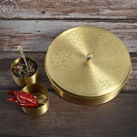 Handcrafted Brass Half Etched Masala Box Set for Kitchen with Spoon ...