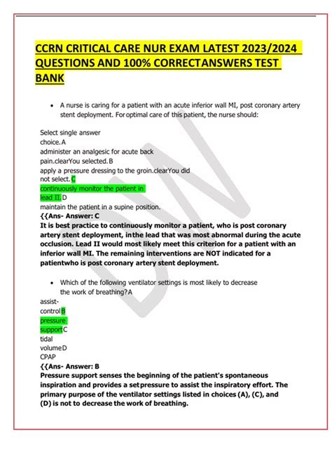 CCRN CRITICAL CARE NUR EXAM LATEST 2023/2024 QUESTIONS AND 100% CORRECT ...
