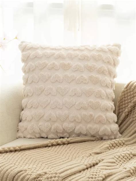 Fuzzy Heart Cushion Cover Without Filler, Beige Heart Tufted Throw ...