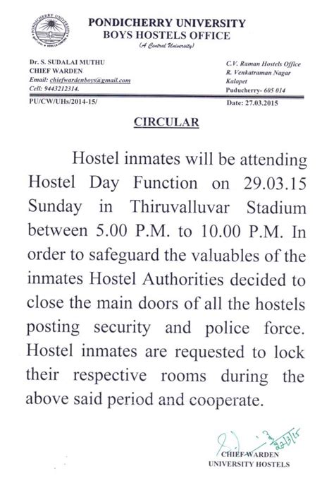 Important notice to Hostel inmates | Pondicherry University