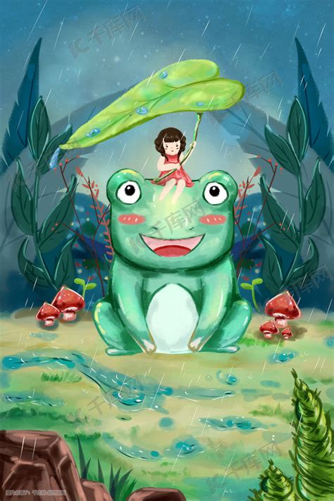手绘春天惊蛰节气小女孩与青蛙插画图片-千库网