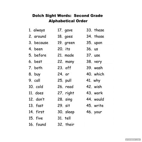 Second Grade Sight Words Printable - Gridgit.com