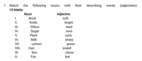 Match the following nouns with their describing words (adjectives ...