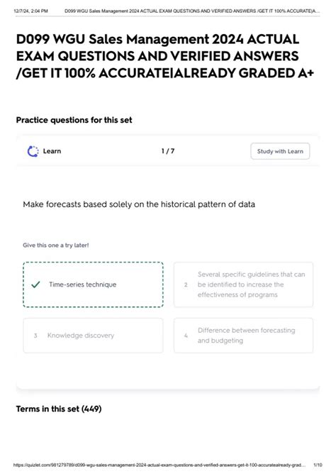 D099 WGU Sales Management 2024 ACTUAL EXAM QUESTIONS AND VERIFIED ...