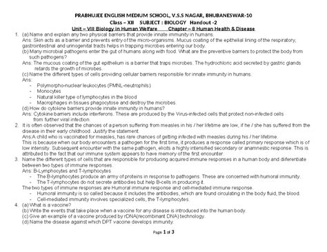 Class XII Biology Handout: Human Health & Disease (Unit 8) - Studocu