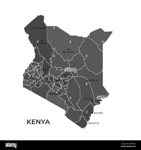 Map of KENYA with Regions Borders and Famous Cities Stock Vector Image & Art - Alamy