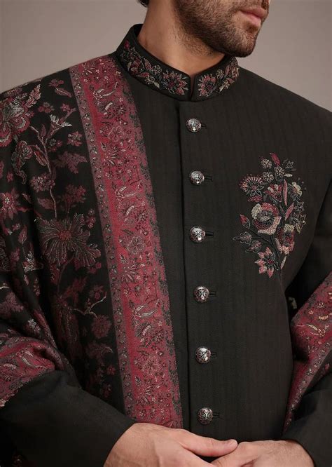 Black Hand Work Sherwani Suit With Dupatta
