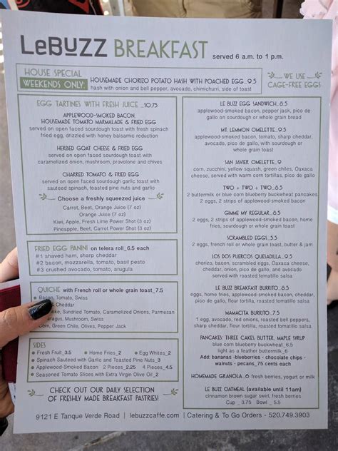 Menu at Le Buzz cafe, Tucson, E Tanque Verde Rd #125
