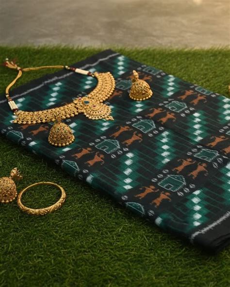 Black Green White Pasapali And Tribal Ikat Design Sambalpuri Fabrics