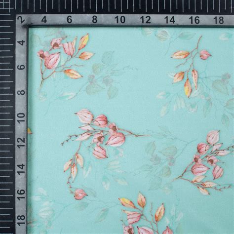 Sky Blue And Pink Floral Pattern Digital Print Poly Micro Crepe Fabric ...