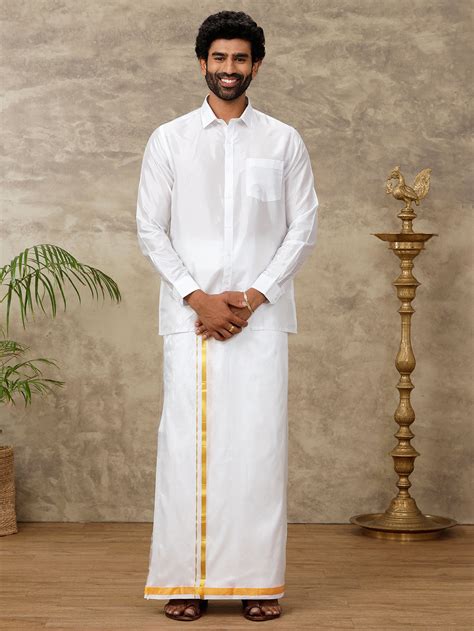 Men Pure Silk White with 3/4" inch Jari Border Dhoti & Shirting Set ...