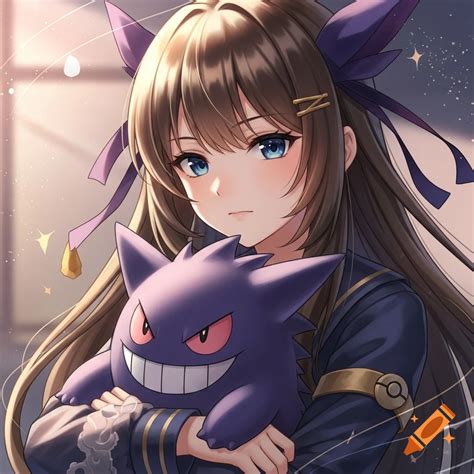 A brown-haired anime girl with blue eyes holds a purple Gengar plushie ...