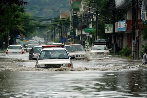 Premium Photo | Urban Flooding After Heavy Rain with Cars Submerged on ...