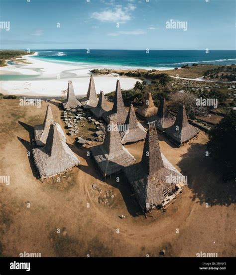 Aerial drobne view of traditional house of Ratenggaro in Sumba, East ...