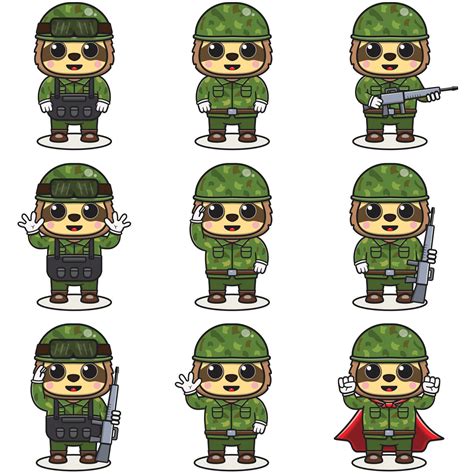 Cute Sloth soldier in camouflage uniform. Cartoon funny Sloth soldier character with helmet and ...