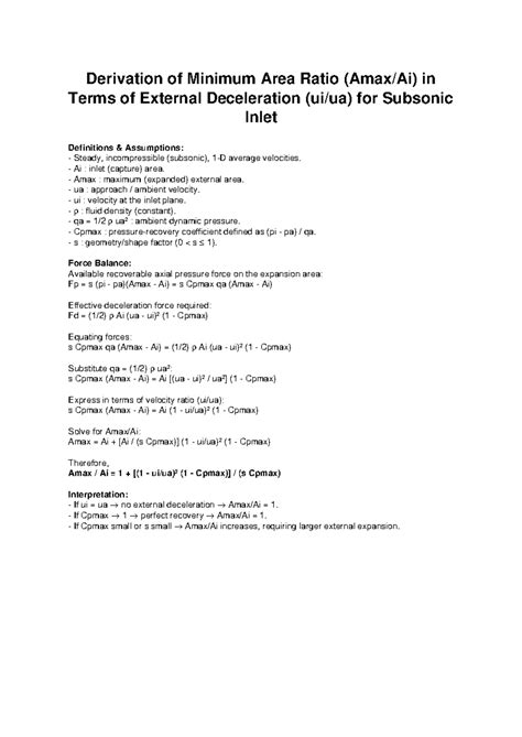 Derivation of Minimum Area Ratio for Subsonic Inlet Definitions - Studocu