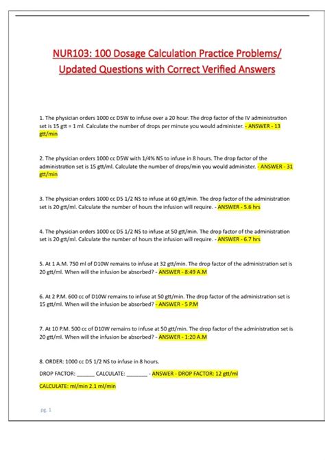 NUR103: 100 Dosage Calculation Practice Problems/ Updated Questions ...