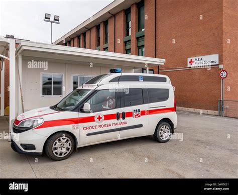 Mondovi, Piedmont, Italy - March 09, 2024: Disabled transport ambulance of the Italian Red Cross ...