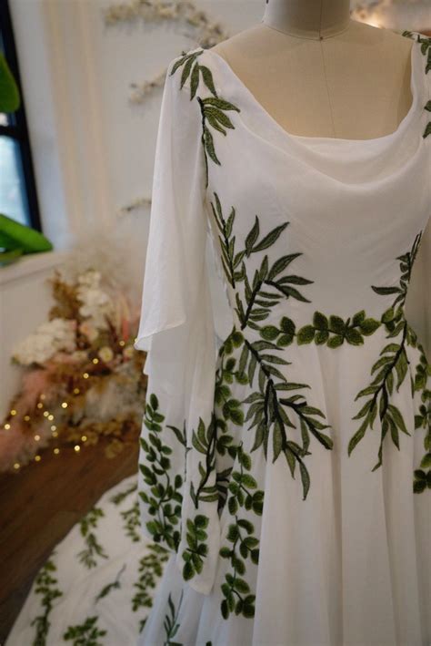 Olive | Green Leaf Forest Embroidery Nontraditional Wedding Dress | Unique Forest Wedding Dress ...