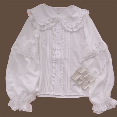 White Lace Ruffle Blouse Women's Peter Pan Collar Shirt Long Sleeve Top ...